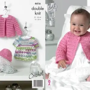 King Cole Crochet Pattern 4416 Baby Dress Cardigan Hat