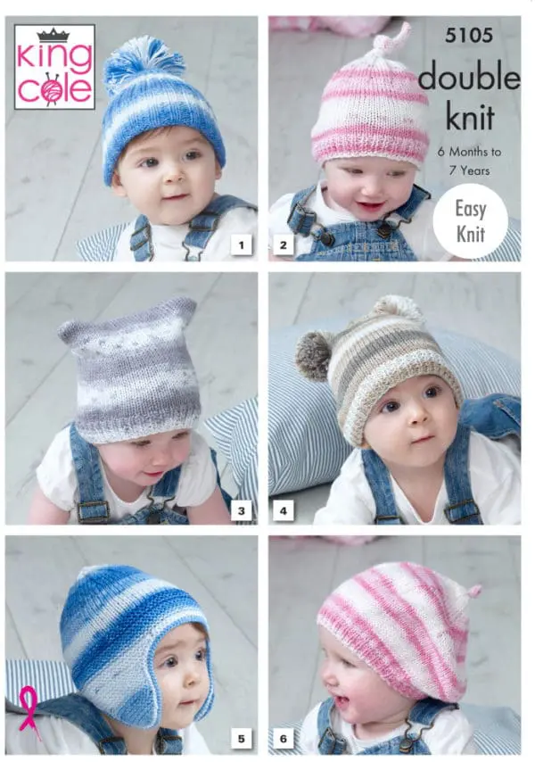 King Cole 5105 DK Baby Hat Knitting Pattern