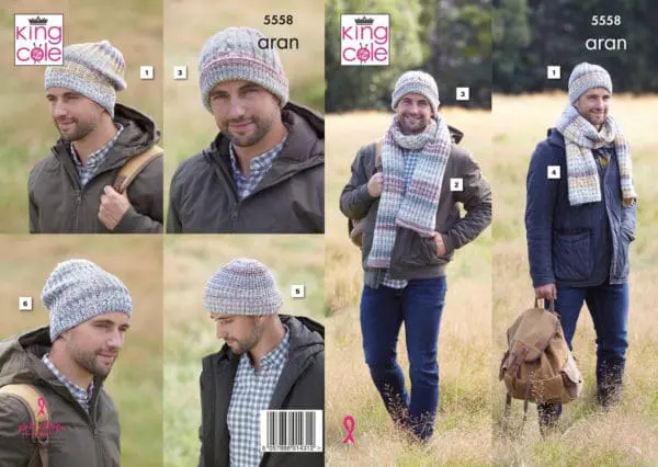 King Cole 5558 Aran Mens Scarf Hat Knitting Pattern