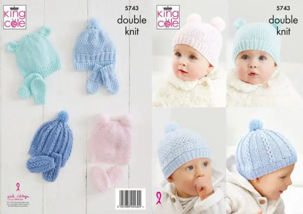 King Cole 5743 Baby Hat DK Knitting Pattern