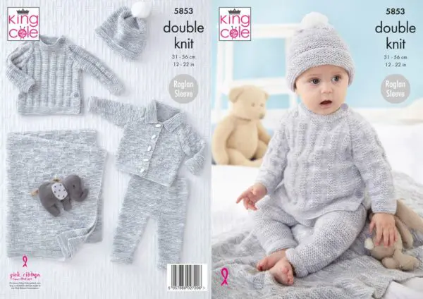 King Cole 5853 DK Jacket Leggings Hat Blanket Knitting Pattern