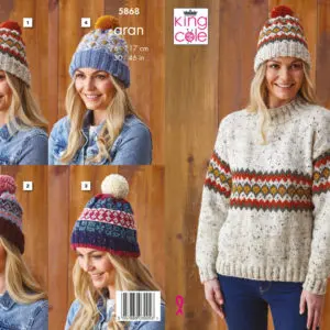 King Cole 5868 Adult Aran Fair Isle Sweater Hat Knitting Pattern