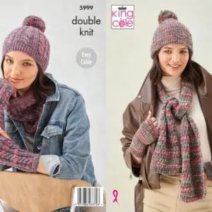 King Cole 5999 Adult DK Hat Scarf Wristwarmers Knitting Pattern