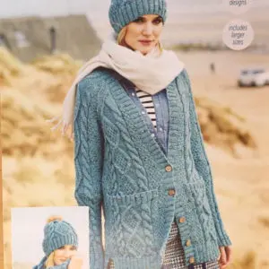 Stylecraft 9554 Aran Knitting Pattern Cardigan, Snood Hat