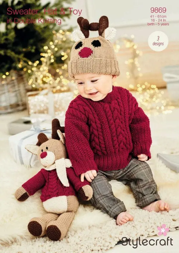 Stylecraft 9869 DK Reindeer Hat Sweater Toy Knitting Pattern