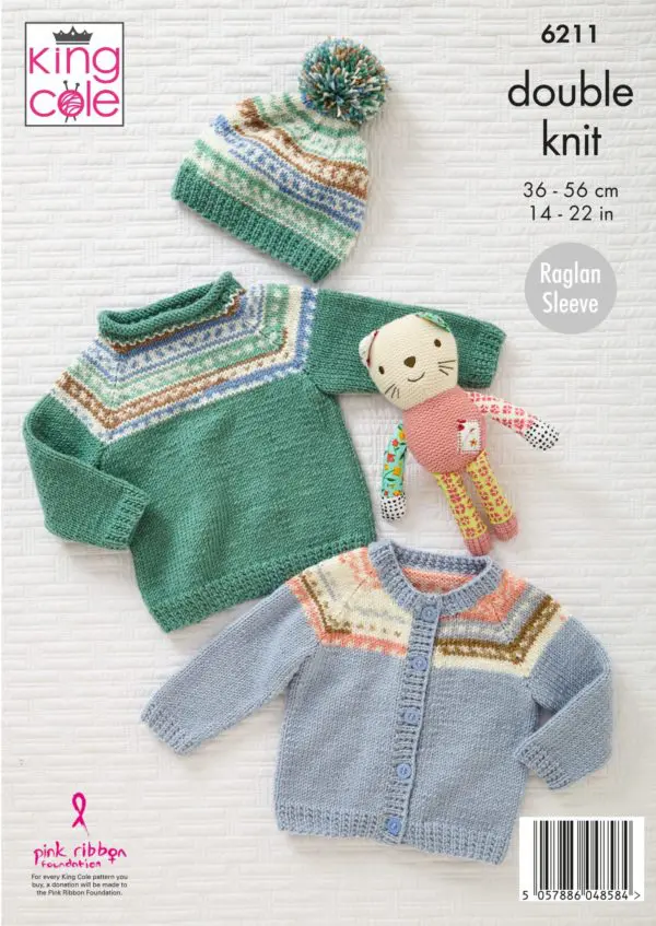 King Cole 6211 Baby DK Cardigan Sweater Matinee Coat Hat Knitting Pattern
