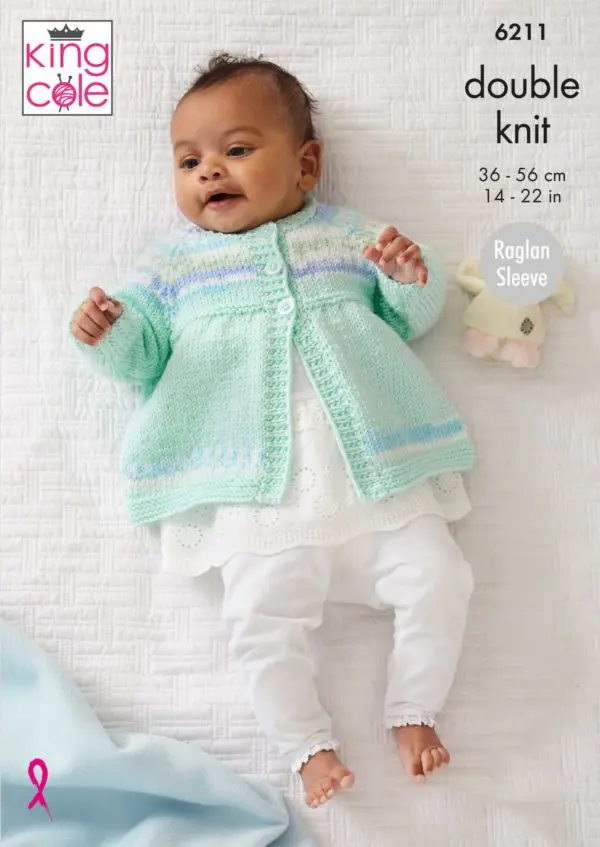 King Cole 6211 Baby DK Cardigan Sweater Matinee Coat Hat Knitting Pattern