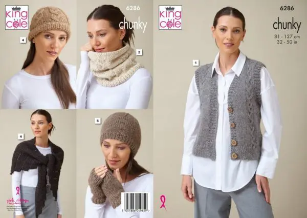 King Cole 6286 Adult Chunky Waistcoat and Accessories Knitting Pattern