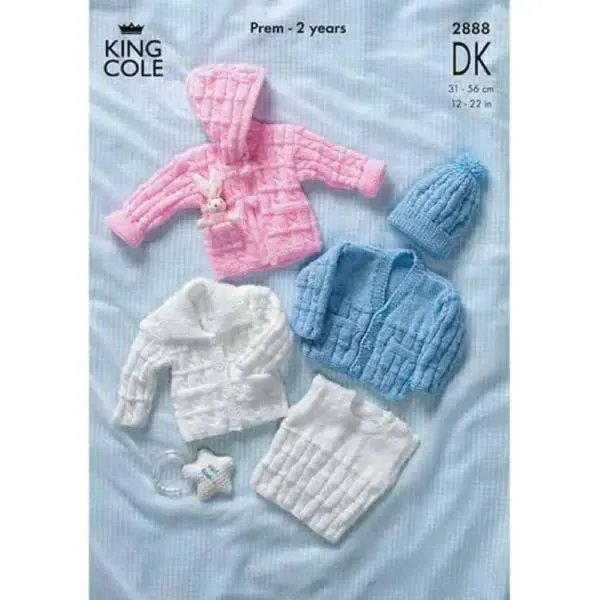 King Cole 2888 Baby DK Cardigan Sweater Jacket Hat Knitting Pattern