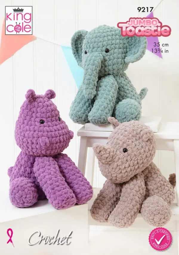King Cole 9217 Crochet Elephant Hippo Rhino Toy Pattern
