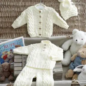 King Cole 5222 Baby Aran Sweater Trousers Hat Knitting Pattern
