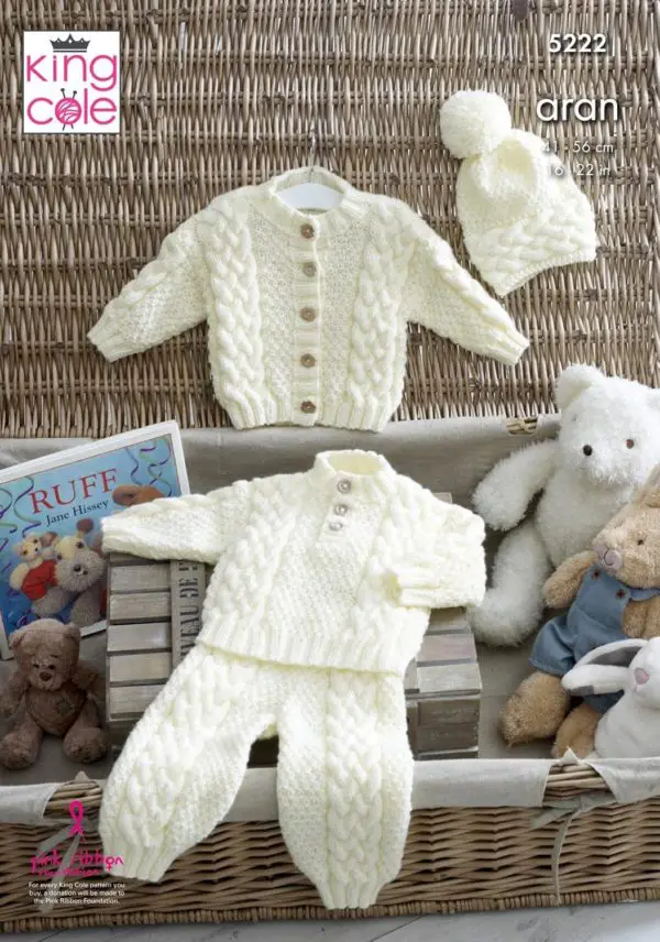 King Cole 5222 Baby Aran Sweater Trousers Hat Knitting Pattern