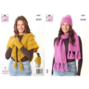 King Cole 6441 Aran Hat Scarf Shawl Crochet Pattern