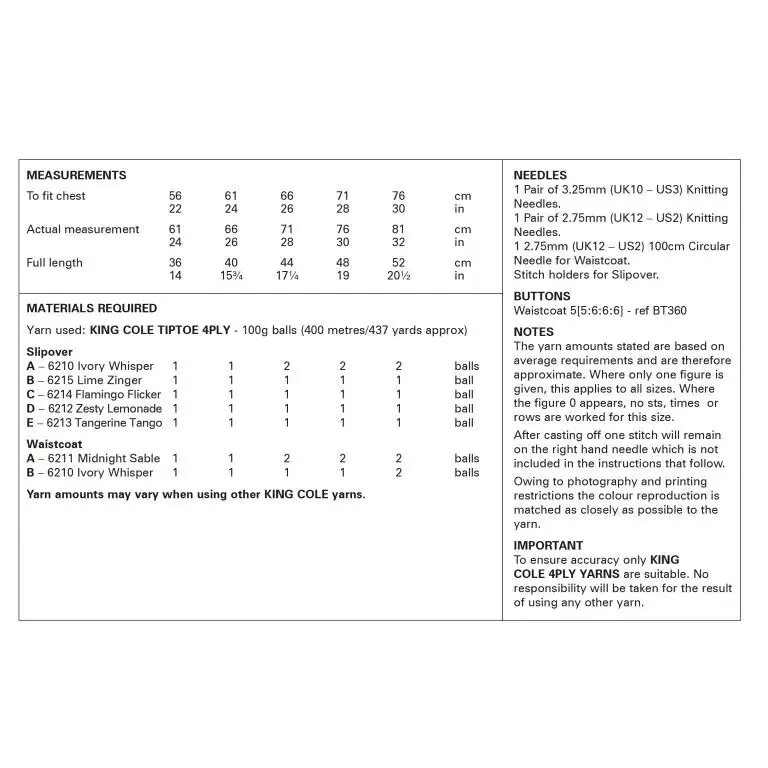 King Cole 6335 Childrens 4ply Slipover Waistcoat Knitting Pattern
