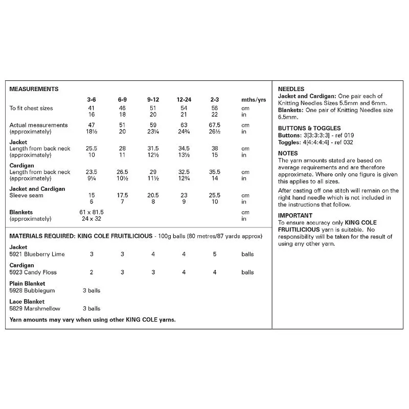King Cole 6416 Babies Chunky Jacket Cardigan Blanket Knitting Pattern