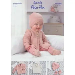 Wendy Peter Pan pp005 Baby DK Cardigan Hat Bootees Knitting Pattern