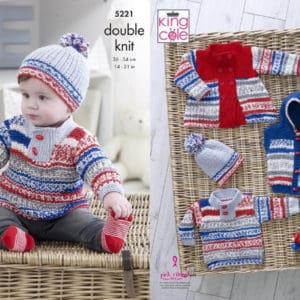 King Cole 5221 DK Baby Coat Gilet Sweater Hat Knitting Pattern