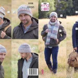 King Cole 5558 Aran Mens Scarf Hat Knitting Pattern