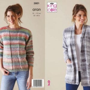 King Cole 5801 Aran Cardigan Sweater Knitting Pattern