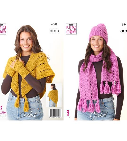 King Cole 6441 Aran Hat Scarf Shawl Crochet Pattern